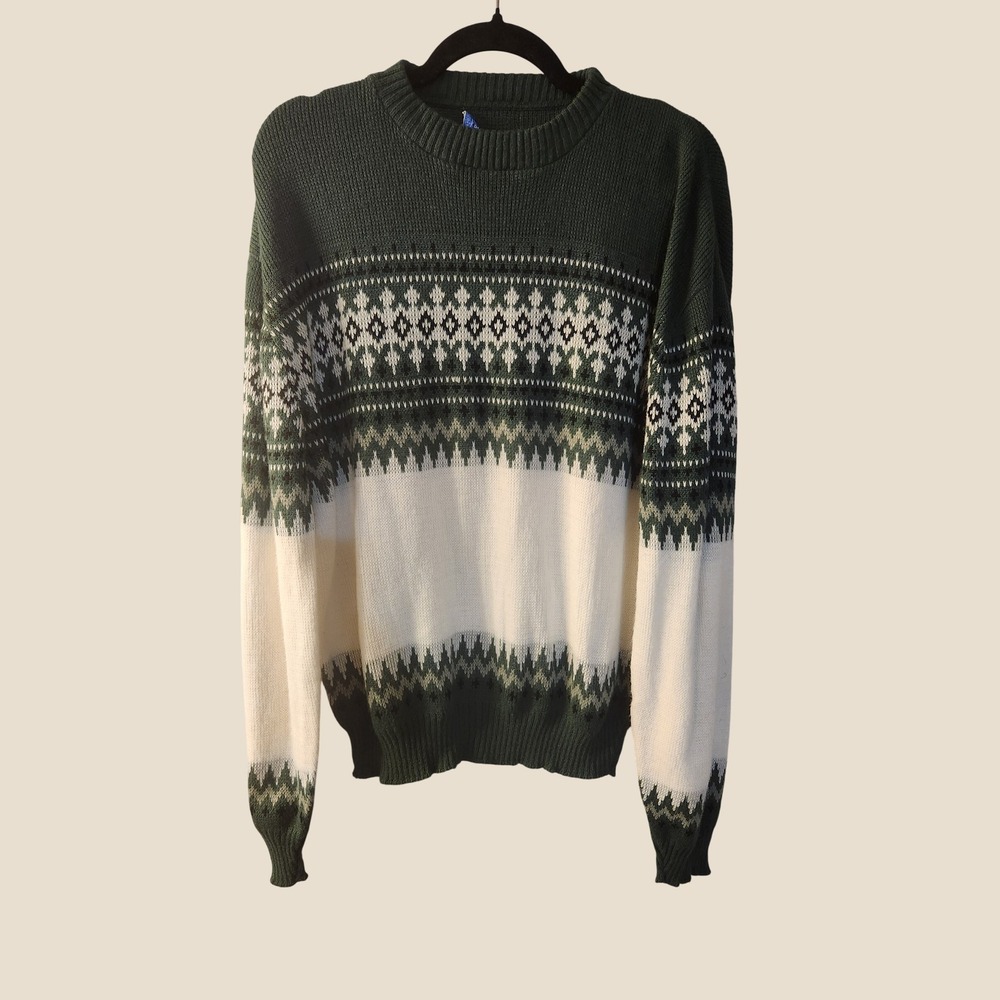 VTG 70's Brent Montgomery Ward Fair Isle Orlon Knit Sweater Green Cozy Ski XL